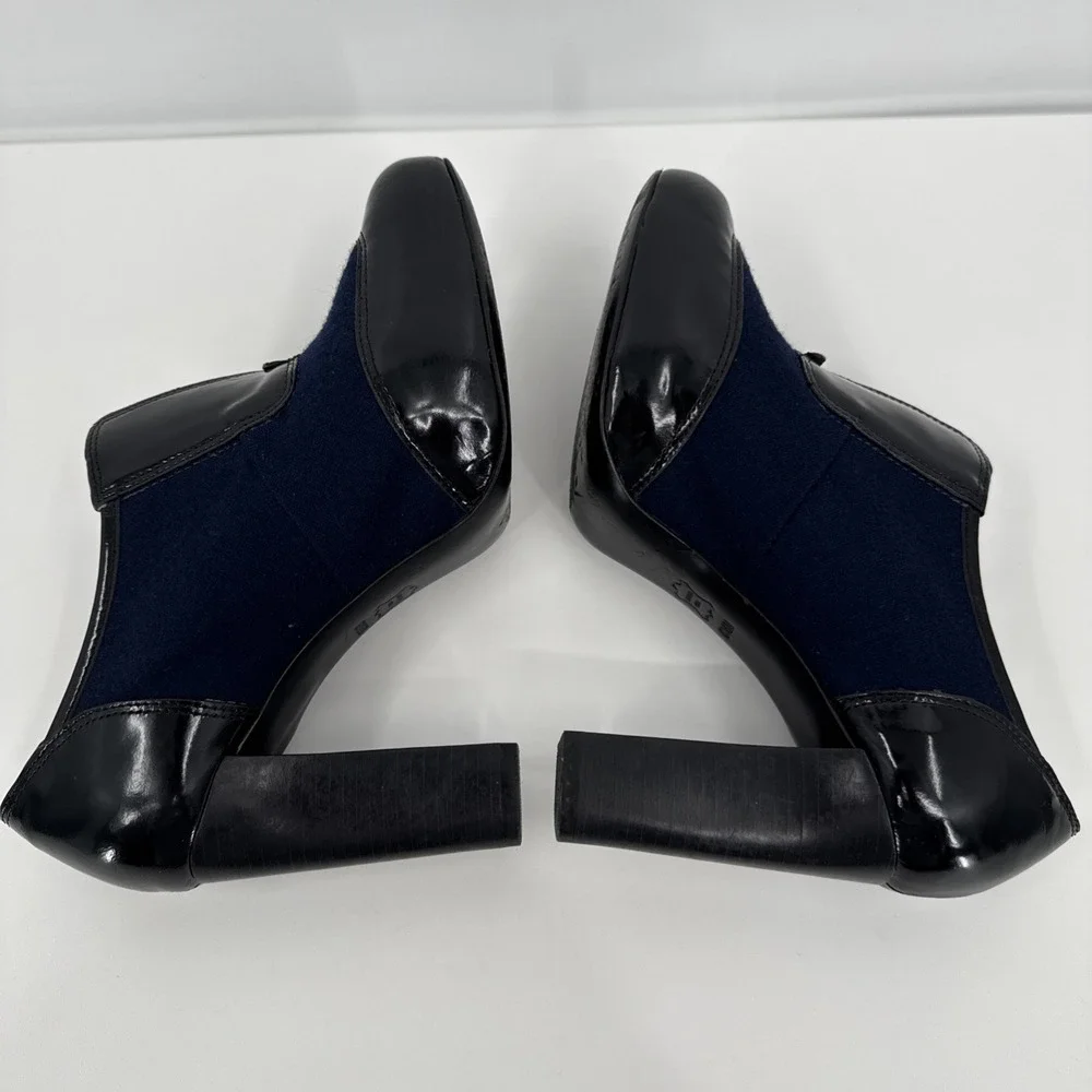 Tory Burch Black‎ Navy Leather Block Heel Ankle Women Bootie Size 6.5 Wingtip
